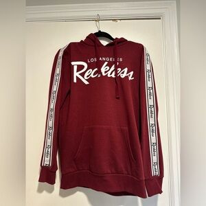 Young & Reckless Small Maroon Hoodie Sweatshirt. Logo. Striped Logo Sleeves.